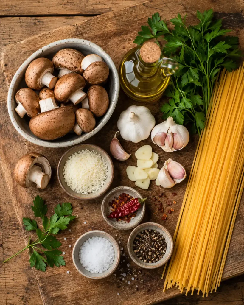 Zutaten für Pasta mit Champignons und Knoblauch: braune Champignons, Spaghetti, Knoblauch, Olivenöl, Petersilie und Chili