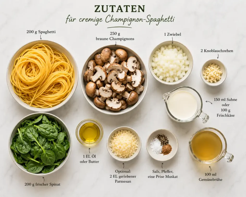 Zutaten für cremige Champignon Pasta mit Spinat: Spaghetti, braune Champignons, frischer Spinat, Zwiebel, Knoblauch, Sahne oder Frischkäse, Gemüsebrühe, Parmesan, Öl, Salz, Pfeffer und Muskat übersichtlich angerichtet.