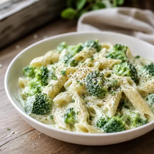 Brokkoli Frischkäse Pasta mit cremiger Sauce und Penne auf einem Teller
