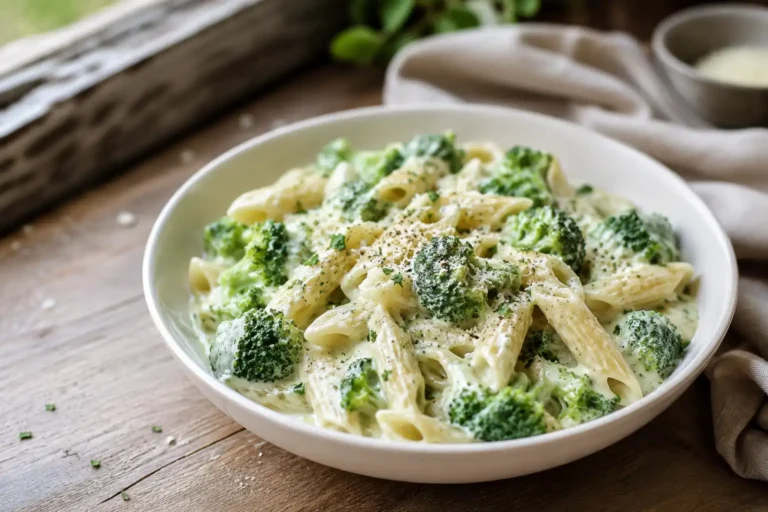 Brokkoli Frischkäse Pasta mit cremiger Sauce und Penne auf einem Teller