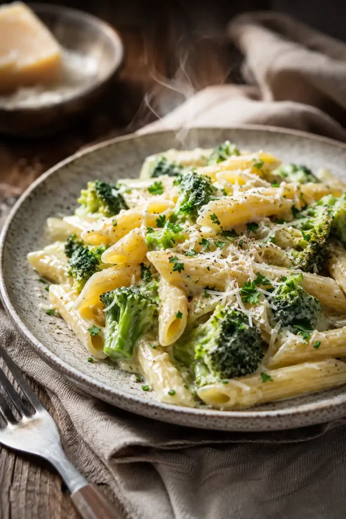 Fertig servierte Brokkoli Parmesan Pasta ohne Sahne mit cremiger Sauce und frisch geriebenem Parmesan.