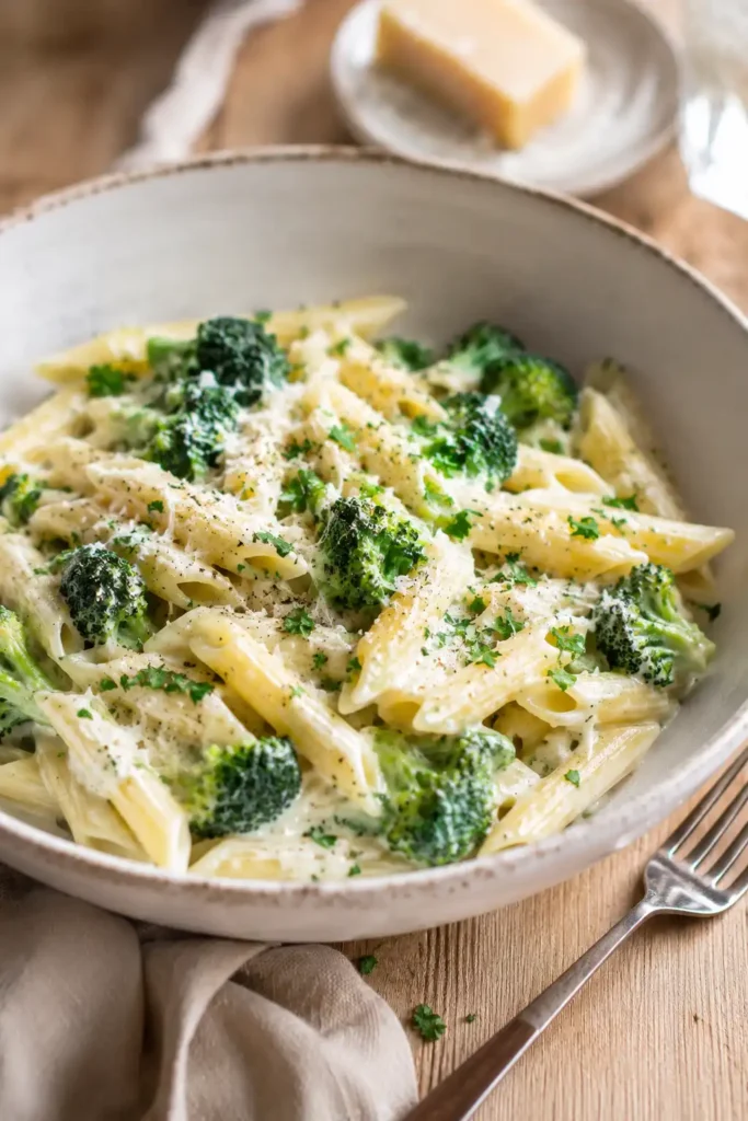 Cremige Brokkoli Parmesan Pasta ohne Sahne mit Penne, frischem Brokkoli und geriebenem Parmesan.