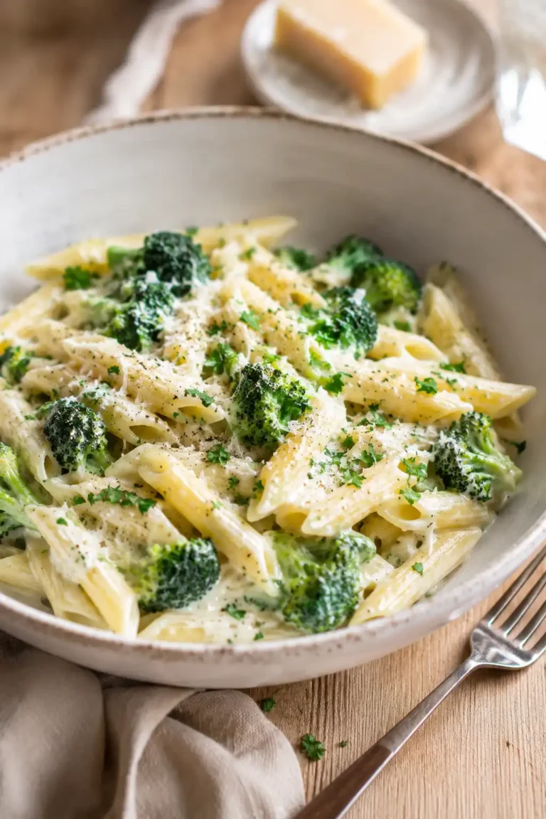 Cremige Brokkoli Parmesan Pasta ohne Sahne mit Penne, frischem Brokkoli und geriebenem Parmesan.