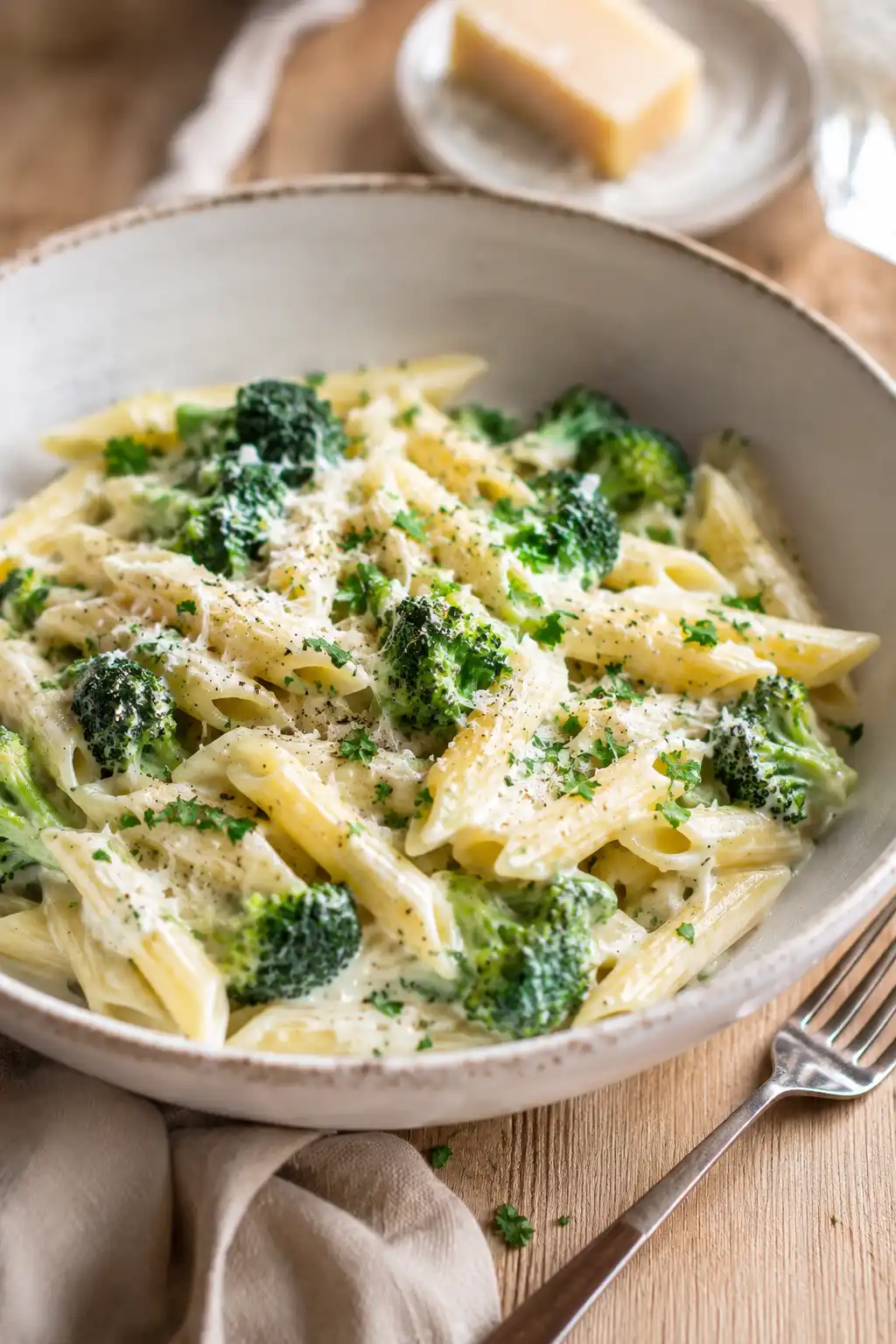 Cremige Brokkoli Parmesan Pasta ohne Sahne mit Penne, frischem Brokkoli und geriebenem Parmesan.