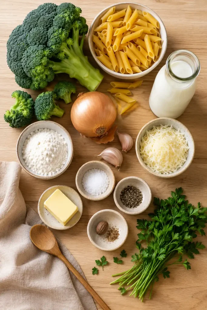 Zutaten für Brokkoli Parmesan Pasta: Brokkoli, Penne, Parmesan, Milch, Butter, Mehl, Zwiebel und Knoblauch.