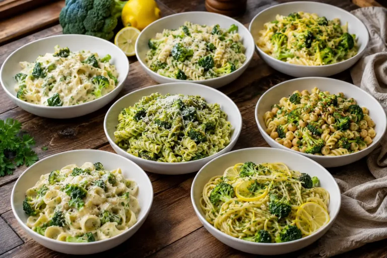 Brokkoli Pasta – sieben einfache Rezepte mit verschiedenen cremigen und veganen Varianten auf einem Tisch