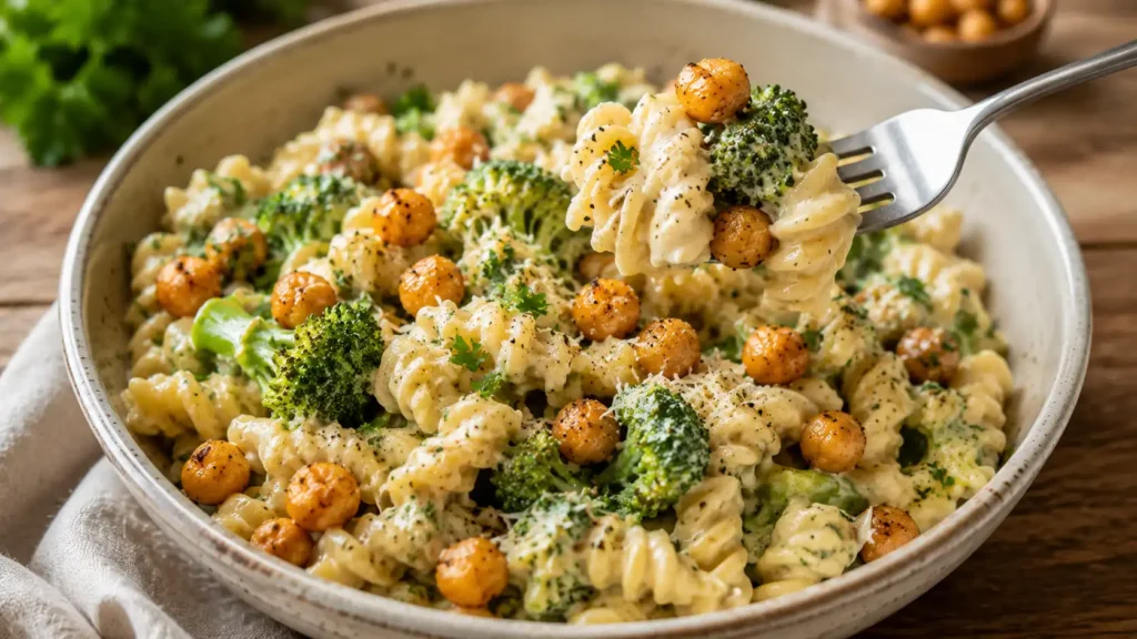Fertige Brokkoli Pasta mit Kichererbsen, cremiger Sauce und knusprigem Topping.