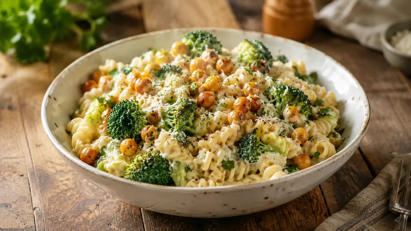 Cremige Brokkoli Pasta mit knusprig gerösteten Kichererbsen in einer weißen Schüssel.