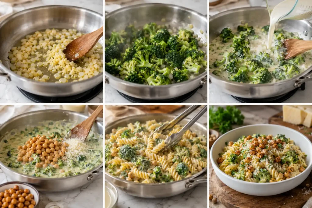 Schritt-für-Schritt-Zubereitung von Brokkoli Pasta mit Kichererbsen – Zwiebeln anbraten, Brokkoli garen, cremige Sauce zubereiten, Kichererbsen hinzufügen, Pasta vermengen und servieren.