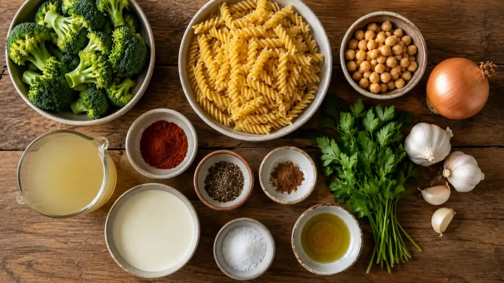 Alle Zutaten für Brokkoli Pasta mit Kichererbsen auf einem Holztisch.