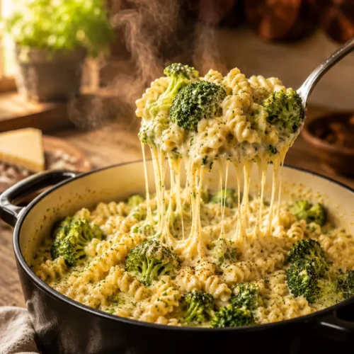 Cremige Brokkoli Pasta One Pot mit Fusilli, Brokkoli und Parmesan frisch serviert in einer weißen Schüssel.