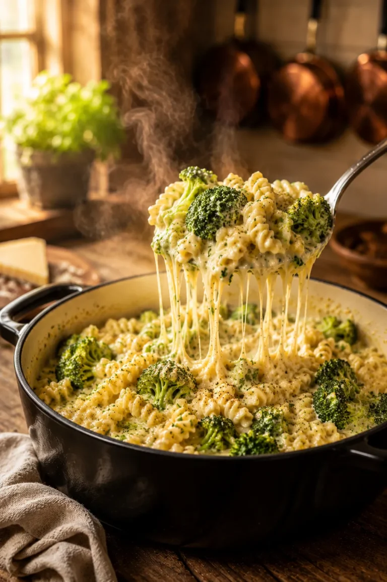 Cremige Brokkoli Pasta One Pot mit Fusilli, Brokkoli und Parmesan frisch serviert in einer weißen Schüssel.