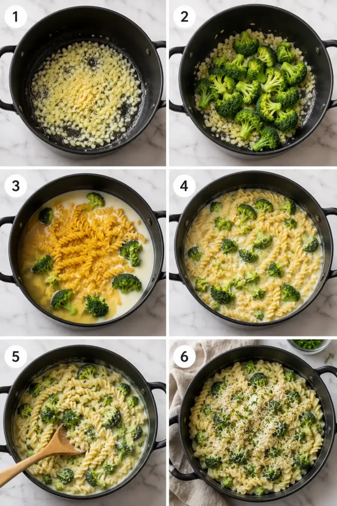 Schritt-für-Schritt-Anleitung für Brokkoli Pasta One Pot – vom Anbraten der Zutaten bis zum fertigen cremigen Pastagericht.