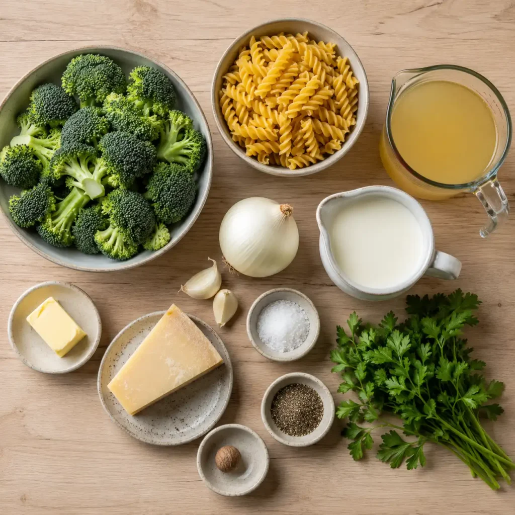 Zutaten für Brokkoli Pasta One Pot: Brokkoli, Fusilli, Sahne, Gemüsebrühe, Zwiebel, Knoblauch, Parmesan und Gewürze.