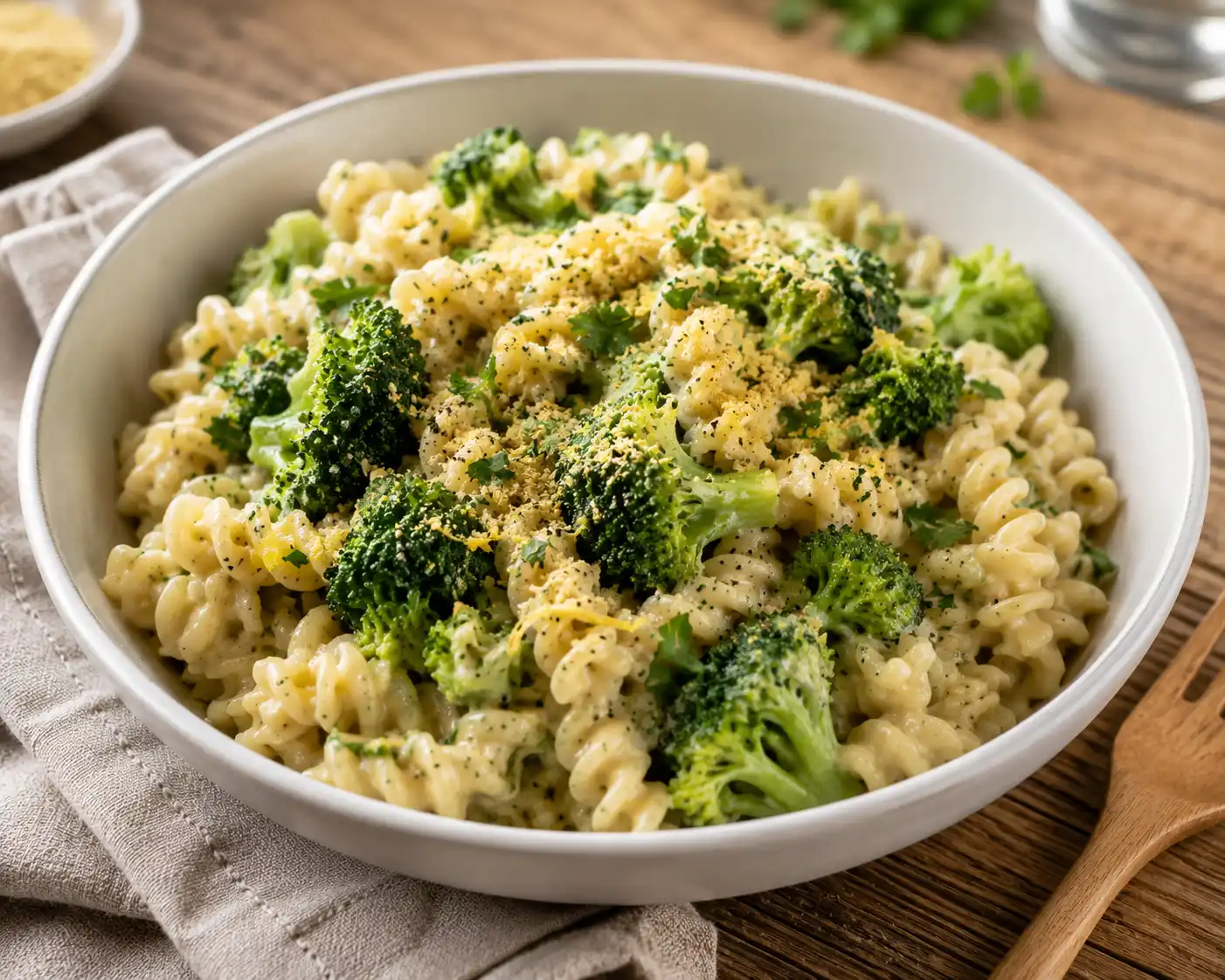 Brokkoli Pasta vegan mit Hafer Cuisine und Hefeflocken in einer weißen Schüssel.