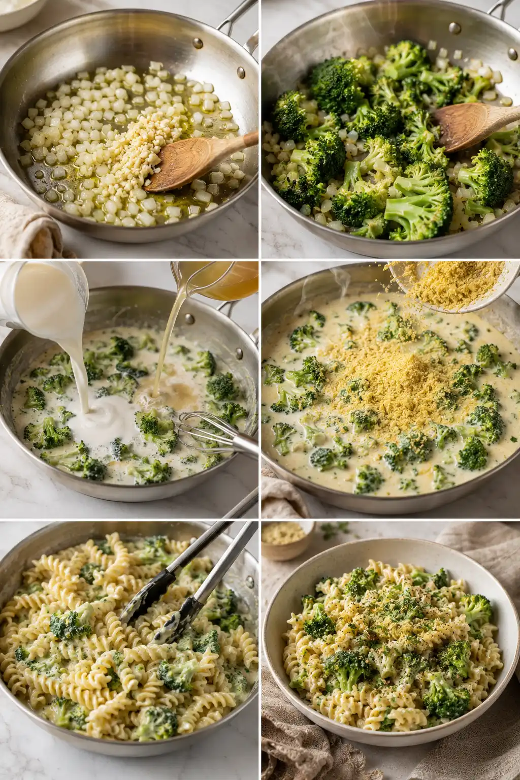 Vegane Brokkoli Pasta wird mit cremiger Hafer Cuisine in einer Pfanne gekocht.