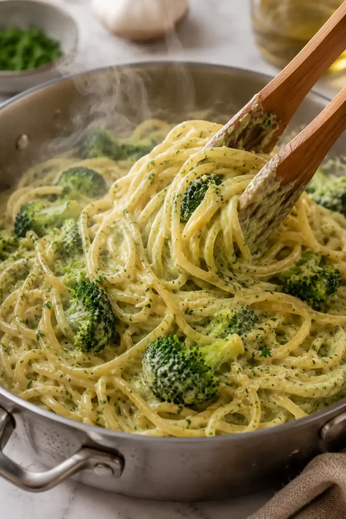Fertige Brokkoli Sahne Pasta mit Spaghetti, cremiger Parmesan-Sahnesauce und frischem Brokkoli, servierfertig angerichtet.
