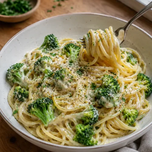 Cremige Brokkoli Sahne Pasta mit Spaghetti, Parmesan und frischem Brokkoli in einer weißen Schüssel.