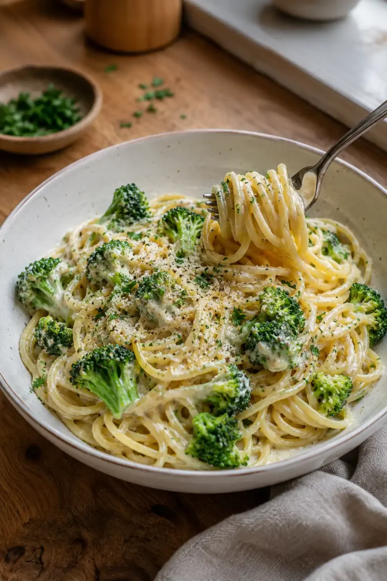 Cremige Brokkoli Sahne Pasta mit Spaghetti, Parmesan und frischem Brokkoli in einer weißen Schüssel.