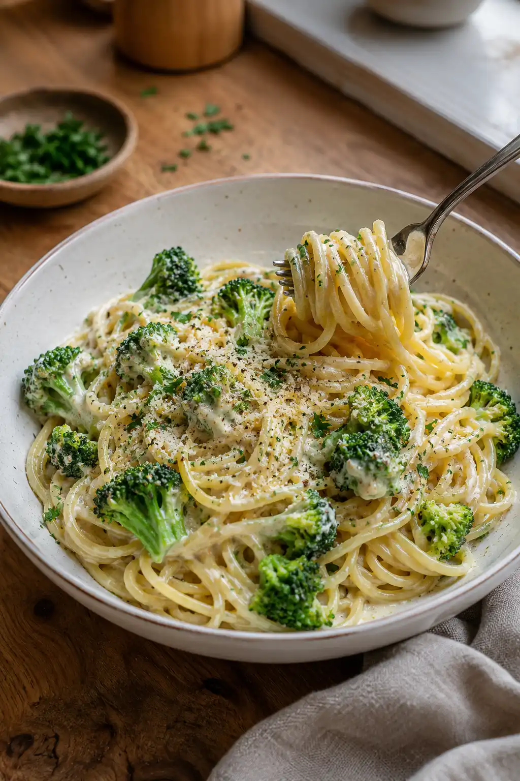 Cremige Brokkoli Sahne Pasta mit Spaghetti, Parmesan und frischem Brokkoli in einer weißen Schüssel.