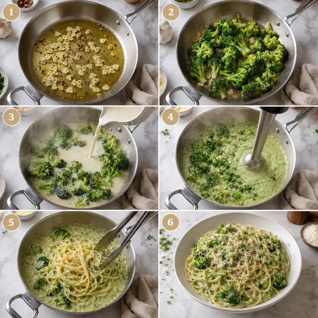 Spaghetti werden in einer cremigen Brokkoli-Parmesan-Sauce geschwenkt, bis sie vollständig überzogen sind.