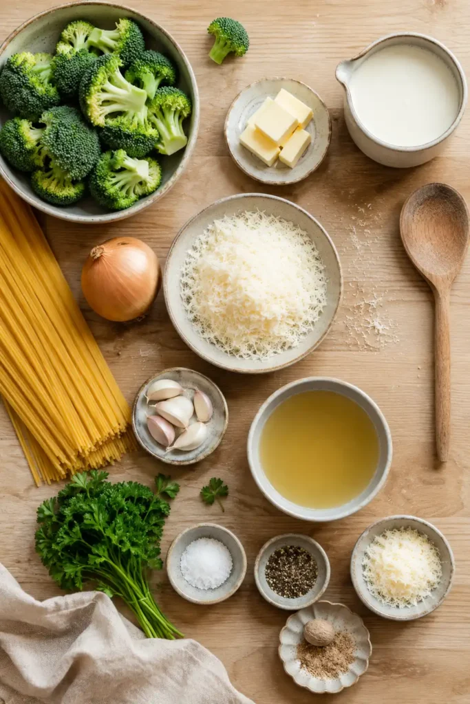 Zutaten für Brokkoli Sahne Pasta: Spaghetti, Brokkoli, Sahne, Parmesan, Knoblauch, Zwiebel und Gewürze.