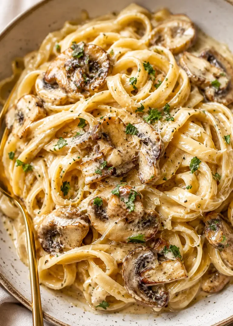 Cremige Champignon Frischkäse Pasta mit Petersilie auf einem Teller serviert