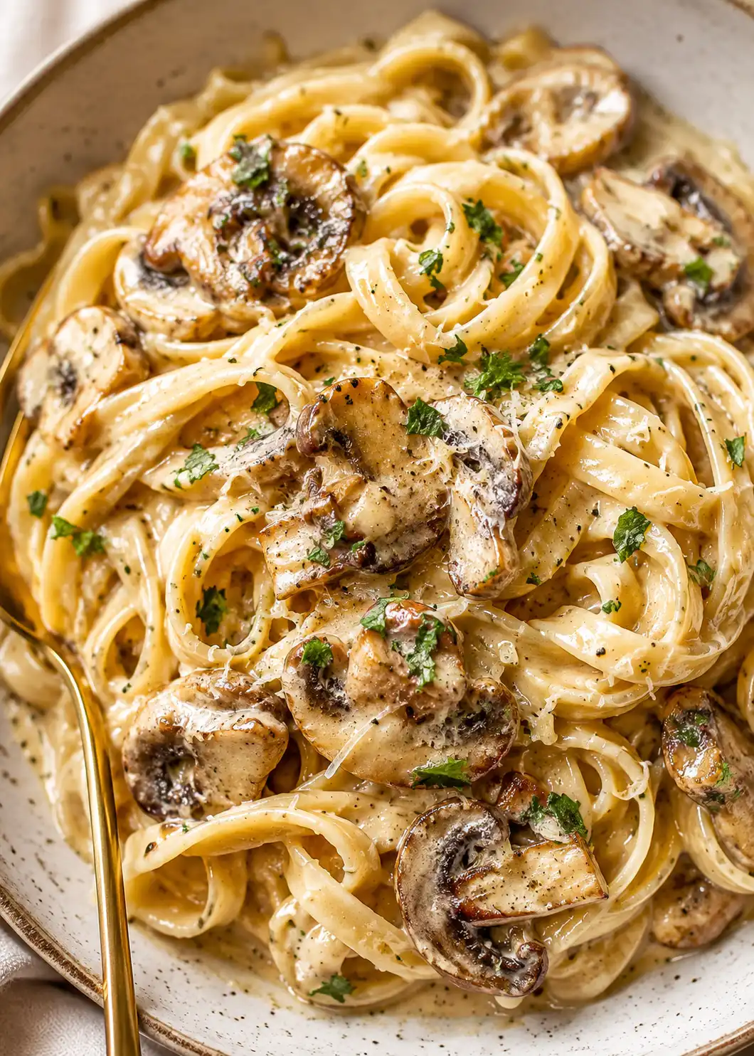 Cremige Champignon Frischkäse Pasta mit Petersilie auf einem Teller serviert