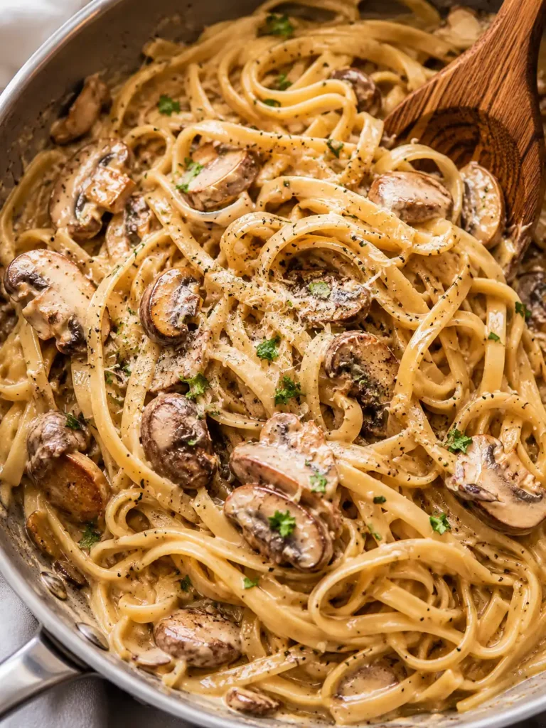 Fertige Champignon Frischkäse Pasta mit cremiger Sauce und frischer Petersilie
