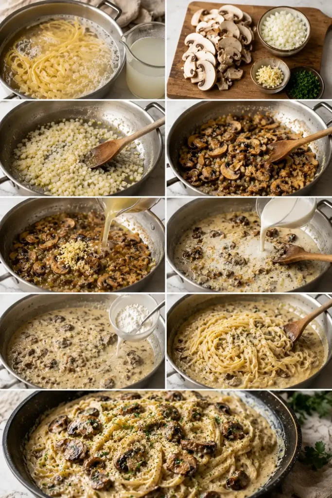 Champignon Rahmsauce ohne Sahne mit Hafer Cuisine während der Zubereitung in der Pfanne
