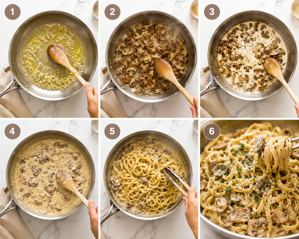 Champignons und Zwiebeln werden für die Champignon Frischkäse Pasta in einer Pfanne angebraten