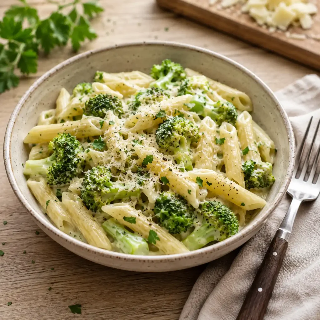 Fertige Brokkoli Frischkäse Pasta mit Parmesan und Petersilie