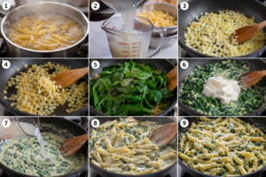 A high-resolution 3×3 step-by-step cooking collage showing the preparation of creamy spinach penne pasta in a bright modern kitchen. Panel 1 shows penne pasta boiling in a large stainless steel pot with steam rising. Panel 2 shows cloudy pasta cooking water being collected in a glass measuring cup while cooked pasta sits in the background. Panel 3 shows finely diced onions sautéing in olive oil in a non-stick skillet with a wooden spoon. Panel 4 shows fresh minced garlic added to the golden onions. Panel 5 shows baby spinach seasoned with salt and black pepper as it begins to wilt. Panel 6 shows cream cheese melting into the spinach mixture, creating a creamy green sauce while being stirred with a wooden spoon. Panel 7 shows reserved pasta water being poured into the sauce to create a smooth, silky consistency. Panel 8 shows cooked penne tossed in the creamy spinach sauce until evenly coated. Panel 9 shows the finished creamy spinach penne topped with freshly grated Parmesan cheese. Each panel is numbered, photographed in realistic food photography style with natural daylight and fine detail.