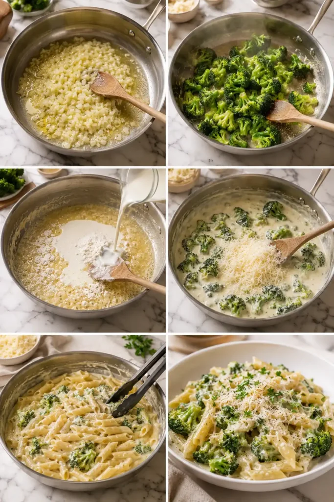 Zwiebel und Knoblauch werden in Butter für die Brokkoli Parmesan Pasta glasig angebraten.  Brokkoli Parmesan Pasta