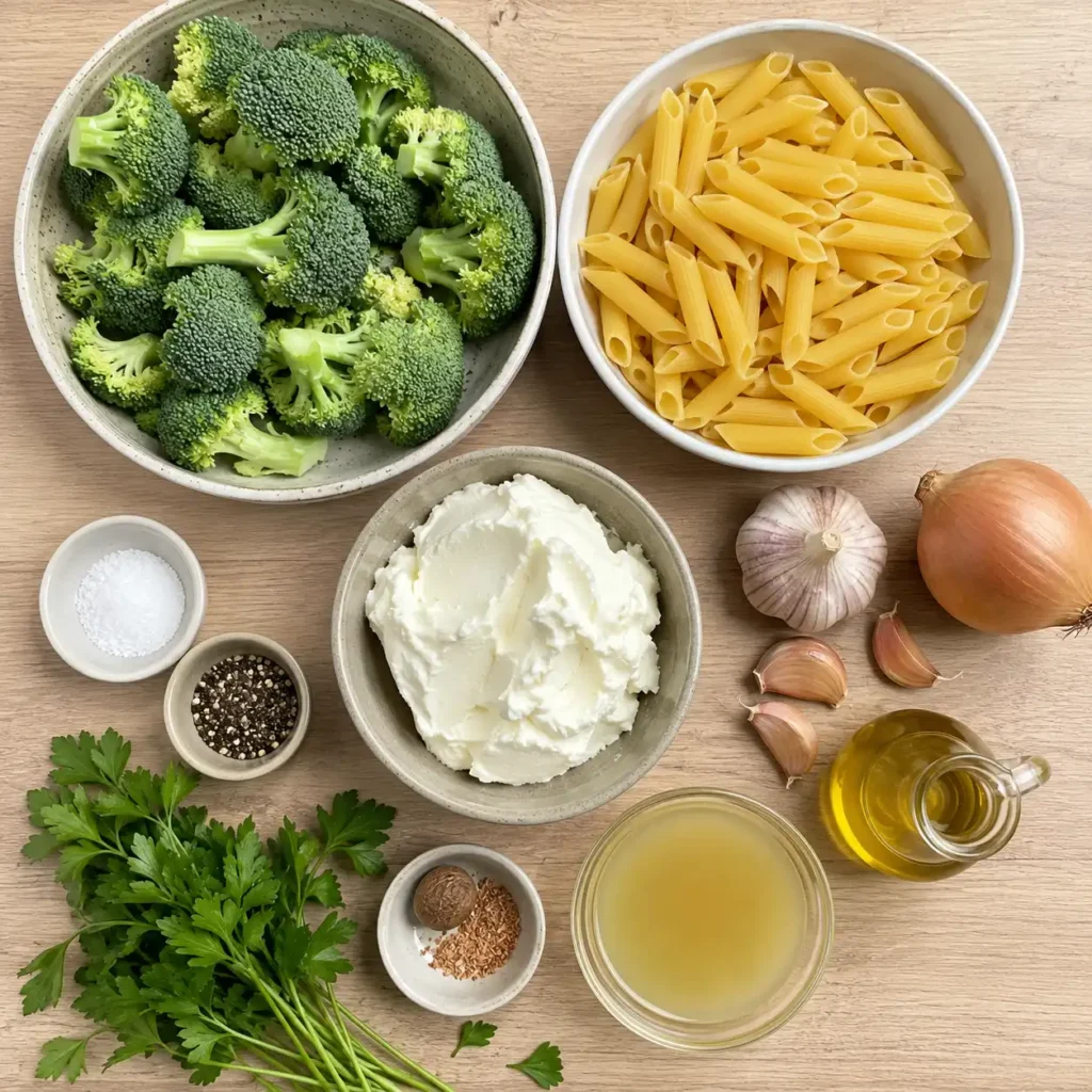 Zutaten für Brokkoli Frischkäse Pasta mit Brokkoli, Frischkäse, Penne, Knoblauch und Zwiebel