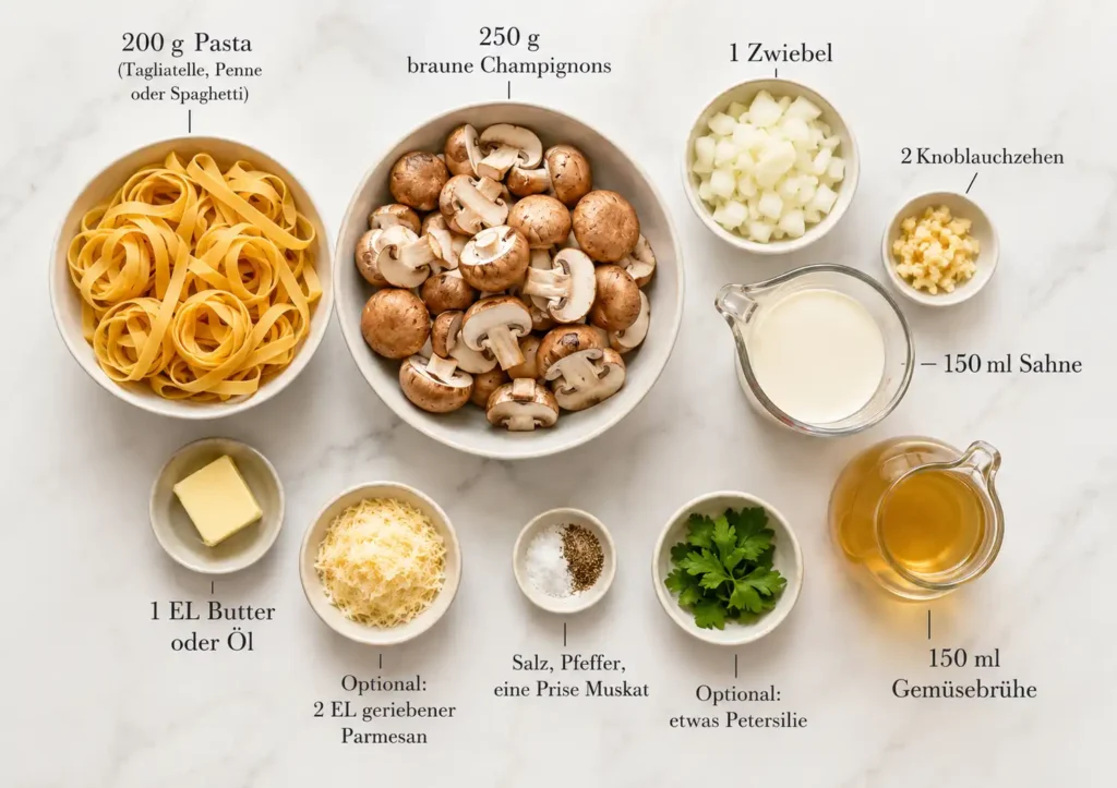 Zutaten für Champignon Frischkäse Pasta mit Champignons, Frischkäse, Pasta, Zwiebel und Knoblauch