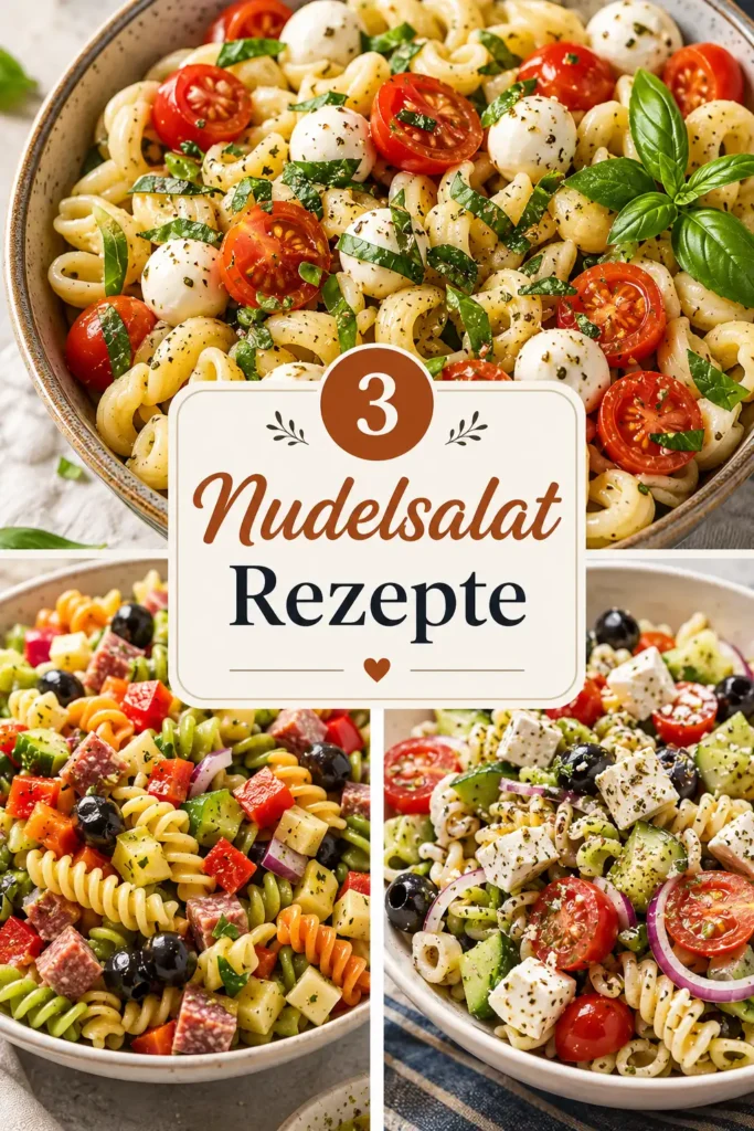 3 Nudelsalat Rezepte – Caprese, Dreifarbig und Griechisch in Schüsseln