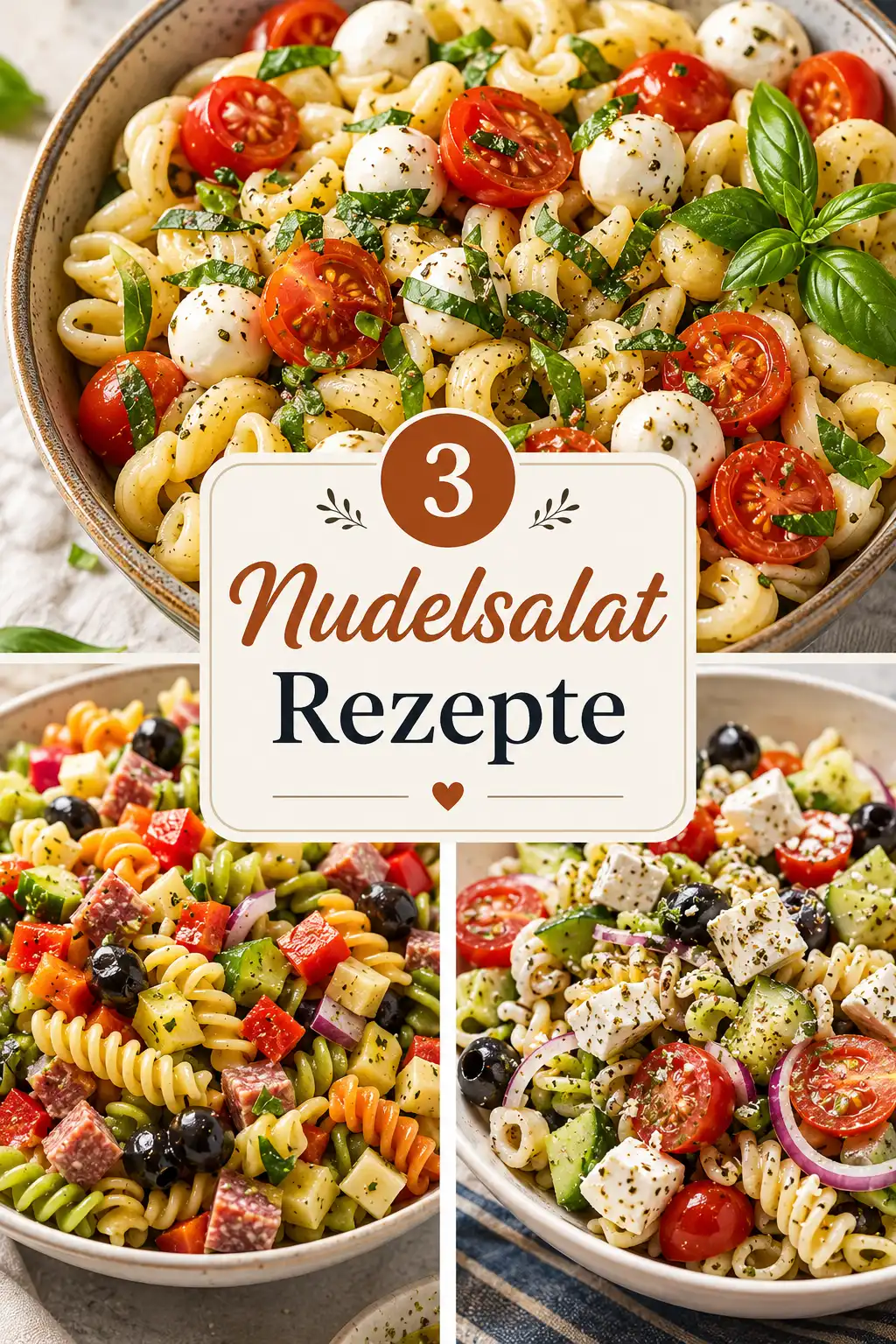 3 Nudelsalat Rezepte – Caprese, Dreifarbig und Griechisch in Schüsseln