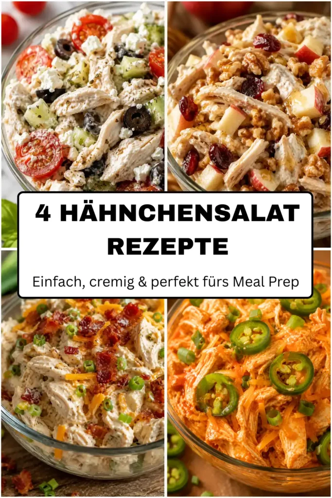 4 Hähnchensalat Rezepte im Überblick: Bacon-Ranch, Mediterran, Honig-Apfel-Walnuss und Buffalo-Jalapeño Hähnchensalat in Meal-Prep-Boxen