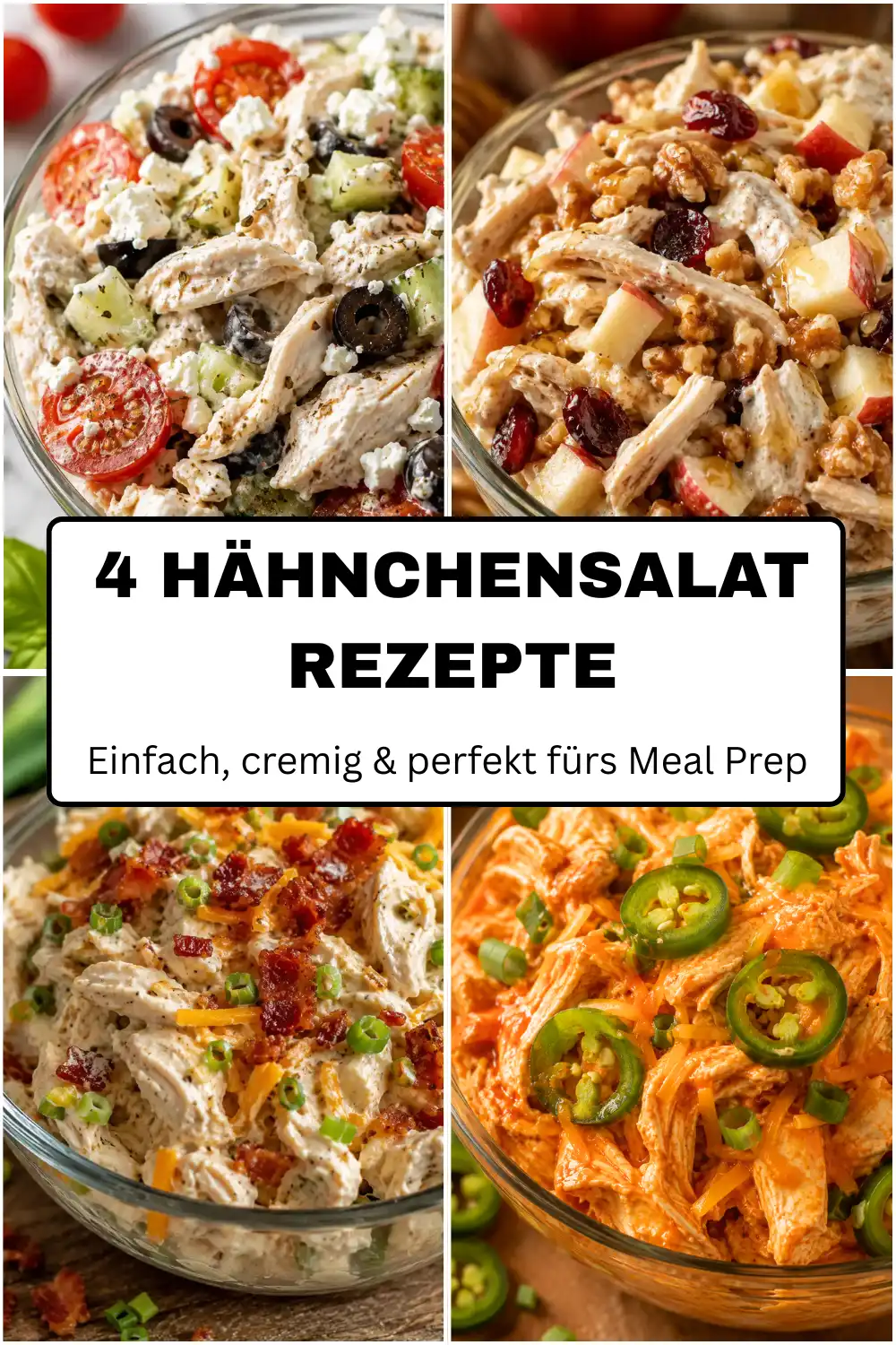 4 Hähnchensalat Rezepte im Überblick: Bacon-Ranch, Mediterran, Honig-Apfel-Walnuss und Buffalo-Jalapeño Hähnchensalat in Meal-Prep-Boxen