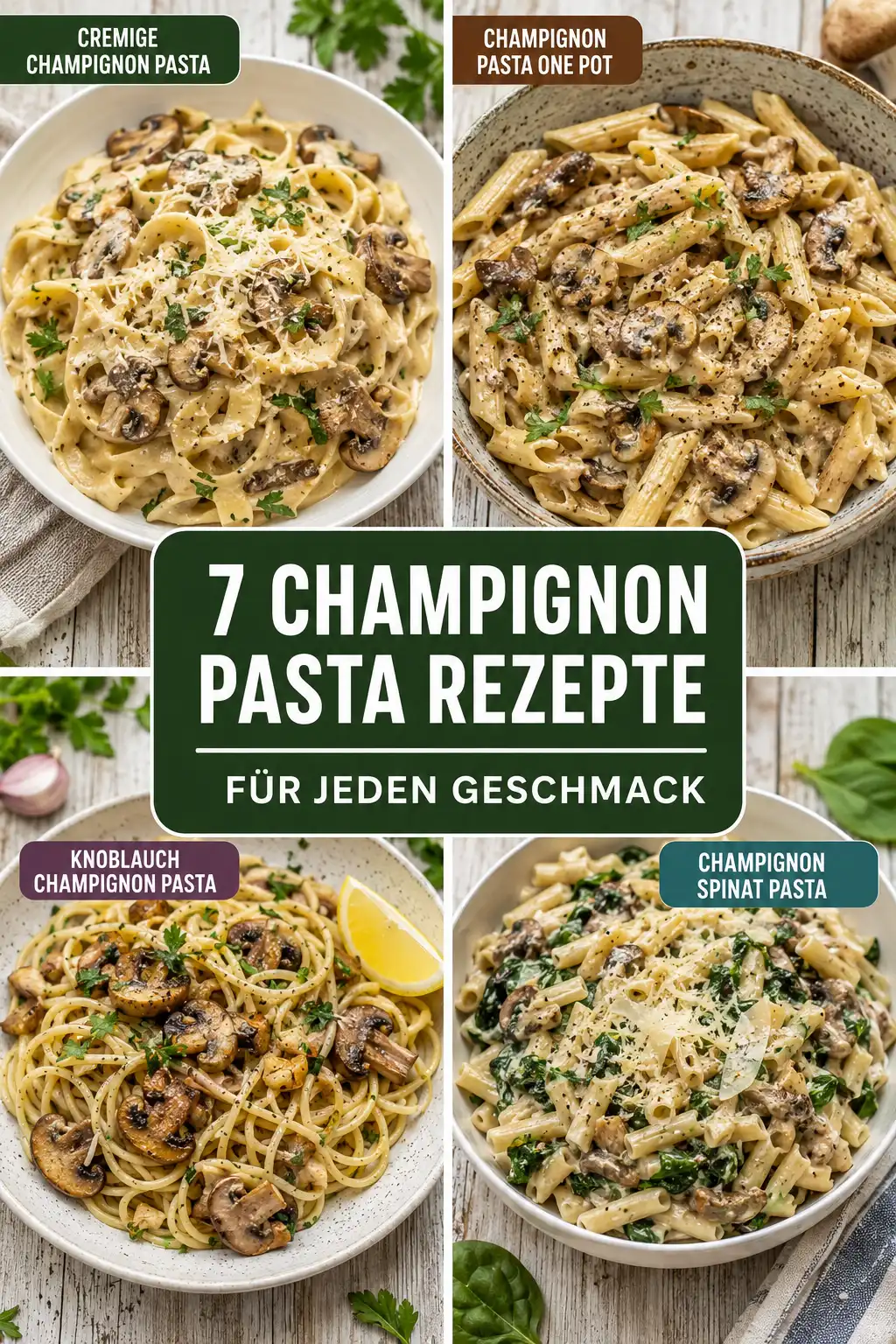 7 Champignon Pasta Rezepte für jeden Geschmack – Collage aus cremiger Champignon Pasta, Champignon Pasta One Pot, Knoblauch Champignon Pasta und Champignon Spinat Pasta