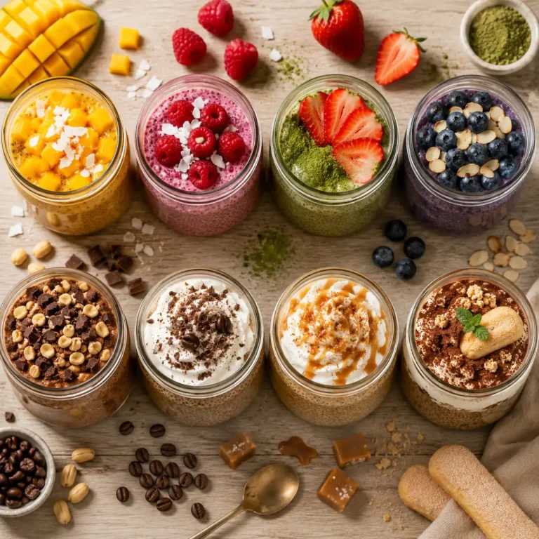 8 verschiedene Chia Pudding Sorten im Glas nebeneinander auf einem Holztisch