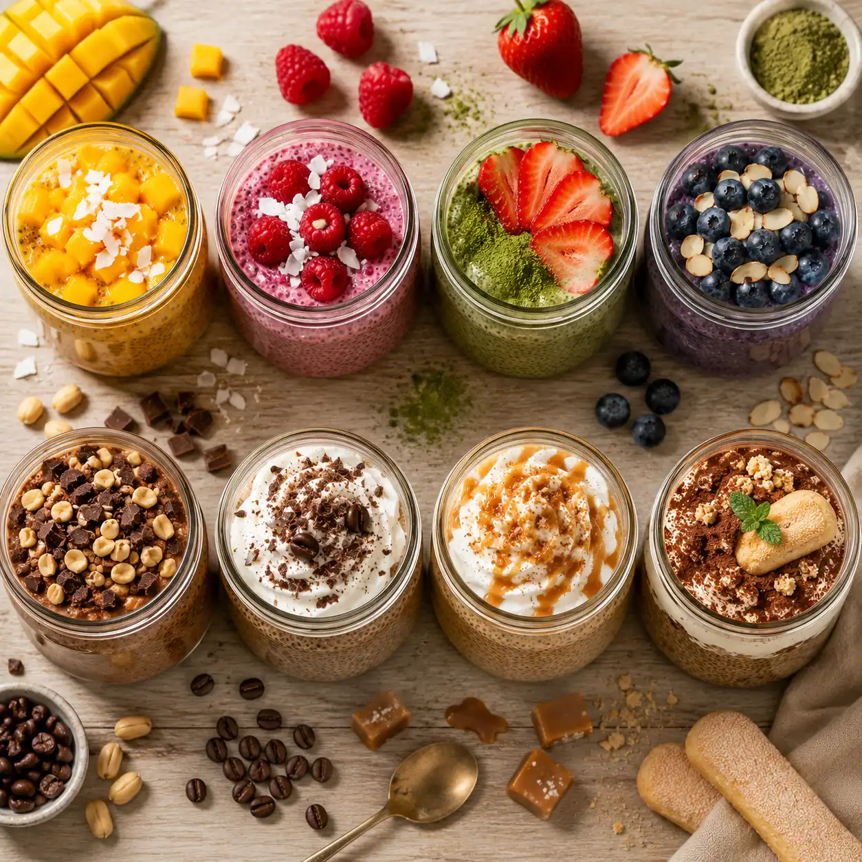8 verschiedene Chia Pudding Sorten im Glas nebeneinander auf einem Holztisch