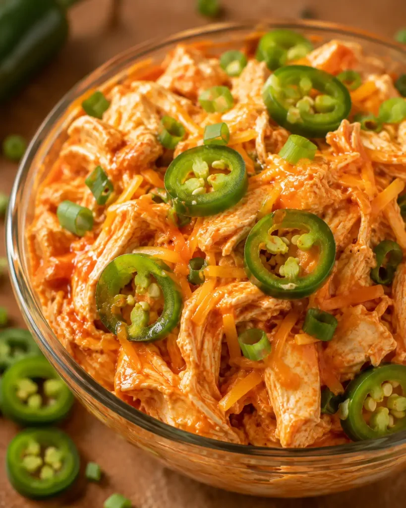 Buffalo-Jalapeño-Hähnchensalat mit scharfer Buffalo-Sauce, Cheddar und frischen Jalapeño-Scheiben