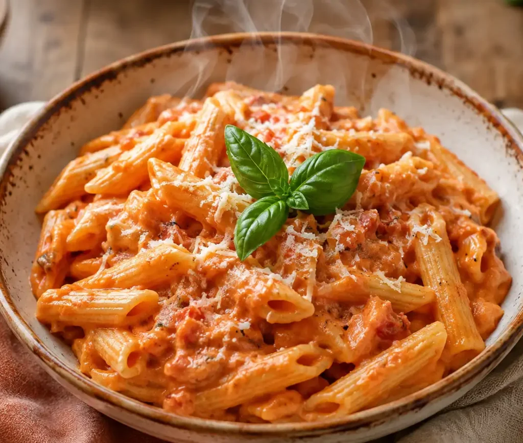 Cremige Tomaten Pasta mit samtiger Sahnesauce und frisch geriebenem Parmesan auf einem Teller, von oben fotografiert.