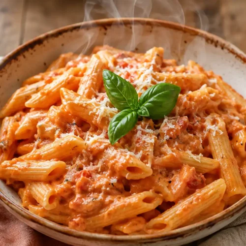 Cremige Tomaten Pasta mit samtiger Sahnesauce und frisch geriebenem Parmesan auf einem Teller, von oben fotografiert.