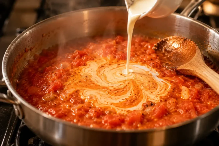 Cremige Tomatensauce mit Sahne köchelt in einem Topf und wird mit einem Holzlöffel umgerührt.