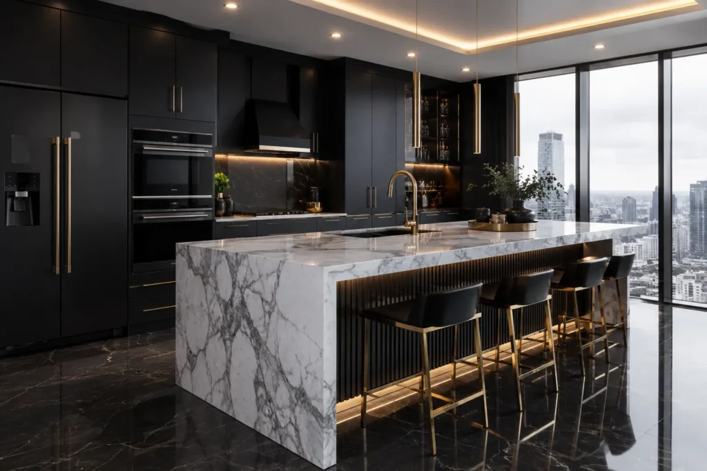 Luxuriöse moderne Küche mit mattschwarzen Schränken, goldenen Griffen und Marmor-Kochinsel
