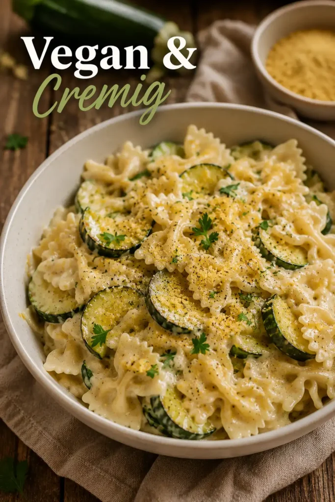 Cremige vegane Zucchini Pasta mit Hafersahne und Hefeflocken in einer weißen Schüssel