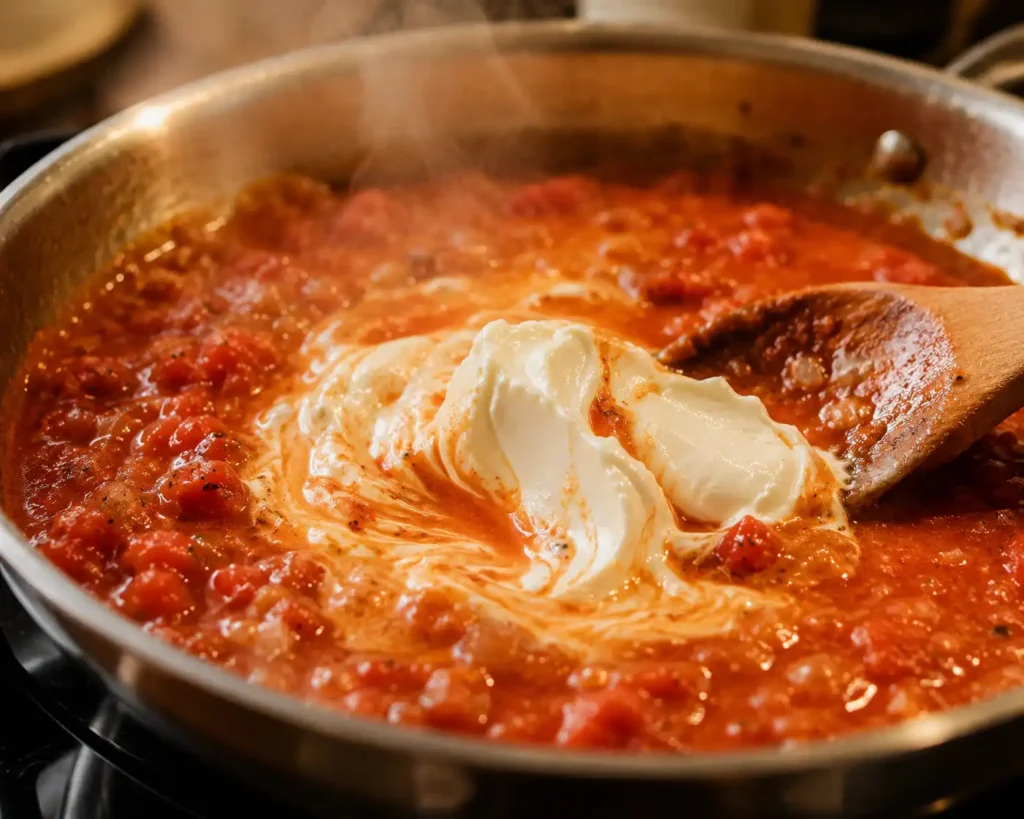 Frischkäse wird in Tomatensauce eingerührt für cremige Tomaten Frischkäse Pasta